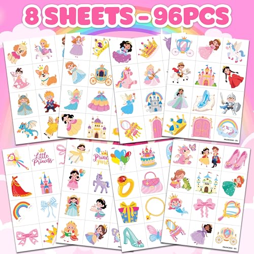 96 PCS Little Princess Pre-Cut Temporary Tattoos for Kids | Super Cute Princess Themed Birthday Party Favors, Supplies, Decorations, Castle Tattoo Stickers, School Rewards Prizes & Gifts Boys Girls
