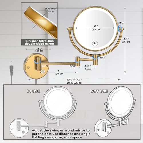 Lighted Makeup Mirror Wall Mount, 5X LED Double Sided Bathroom Magnifying Mirror with Light, Touch Sensor Dimming, Extendable Swing Arm 360 Swivel Shaving Cosmetic Mirror