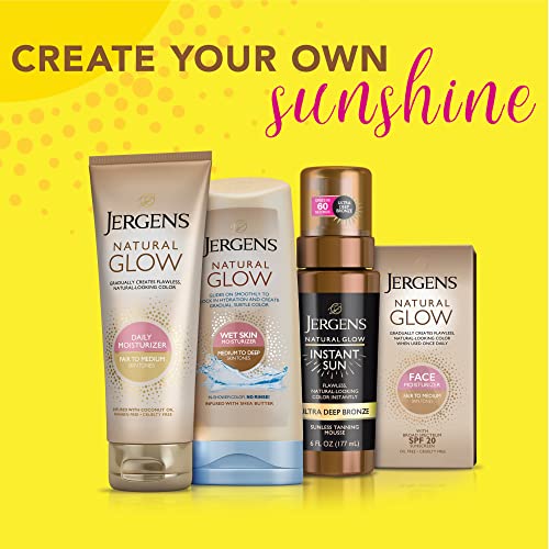 Jergens Natural Glow Instant Sun Body Mousse, Self Tanner for Ultra Deep Bronze Tan, Sunless Tanning Body Bronzer, Natural Looking Fake Tan, 6 Oz