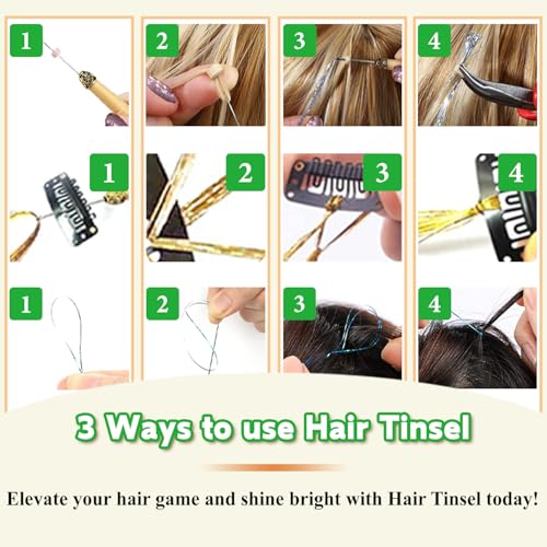 Hair Tinsel Kit With Body Glitter 15 Colors 48 Inch 4500 Strands Glitter Tinsel Hair Extensions With Tools Fairy Hair Accessories, Suitable for Festivals and Daily Use (15 Colors Hair Tinsel Kit)