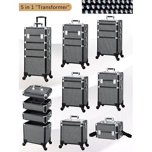 Costravio 5 in 1 Rolling Makeup Case on Wheels Large Cosmetology Case Organizer Beauty Cosmetic Train Case Travel Nail Cart for Make-up Studio Hair Salon, Black Rhinestone