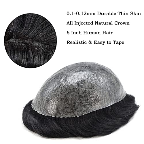 US Toupee For Men Full Poly Skin Hair Systems Real Human Hair Pieces Men Hair Replacement System Transparent Thin Skin Mens Toupee.(8''x10''-110% Light to Medium Density, 1# Jet Black)