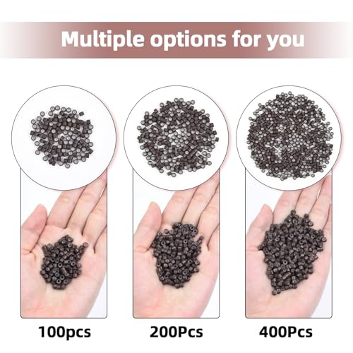 Vlasy 200Pcs 4mm Silicone Lined Micro Ring Beads for Hair Extensions 5Colors Apply (200Pcs Brown)