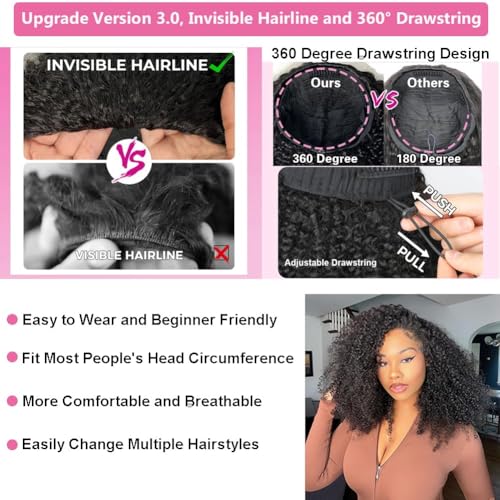 Kinky Curly Half Wig Human Hair Wear Go Glueless Wigs 22 Inch Curly 3 In 1 Half Wigs for Black Women Drawstring Seamless Flip Headband Wig Human Hair Beginner Friendly