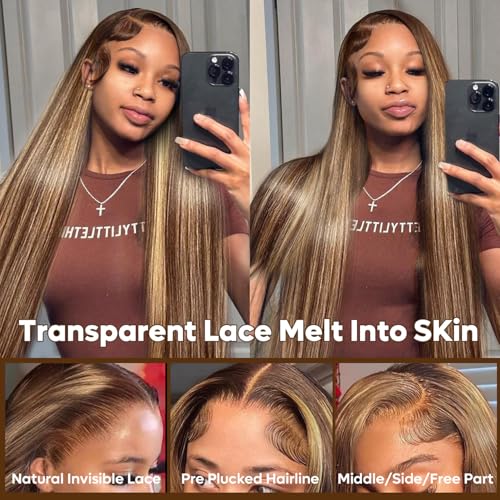 AMIRTY Honey Blonde Lace Ftont Wigs Human Hair 200% Density Straight 4/27 Highlight 13X6 HD Lace Frontal Wigs Pre Plucked Ombre Lace Front Human Hair Wigs for Women With BabyHair 24Inch