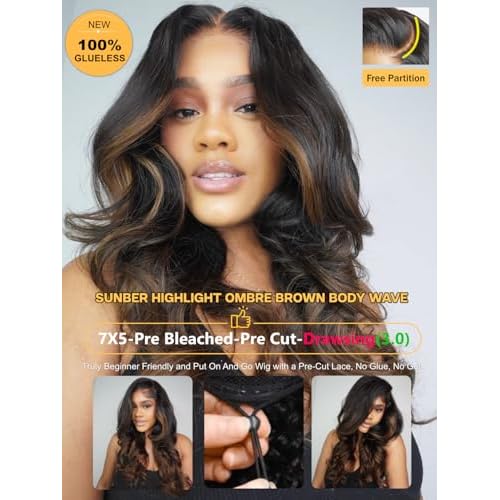 Sunber Ombre Highlight Brown Body Wave Human Hair Glueless Balayage Wigs Pre Cut 7x5 HD Lace Front with Elastic Drawstring 150% Density Put On and Go Pre Plucked Pre Bleached Invisible Knots 18Inch