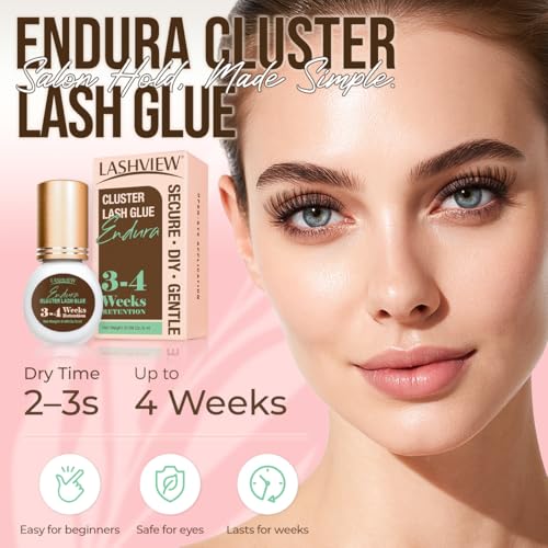 LASHVIEW Lash Cluster Glue Strong Hold, 3-4 Weeks Long-Lasting, Waterproof & Low Irritation, 2-3 Sec Drying Time, for Beginners & Professional Use(5ml)