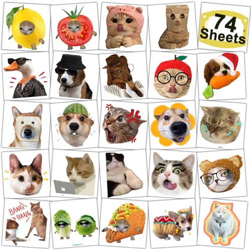 Cute Cat Meme Temporary Tattoos - 74 Individually Sheets Funny Animals Meme Tattoos for Birthday Decorations Party Supplies, School Rewards Gifts Ideas for Girls Boys