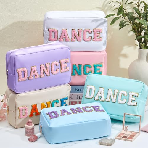 6 Pcs Dance Makeup Bag Cosmetic Bag with Chenille Letter Patches Waterproof Portable Cheerleader Toiletry Zipper Pouch for Girl Women Appreciation (Pastel Colors)