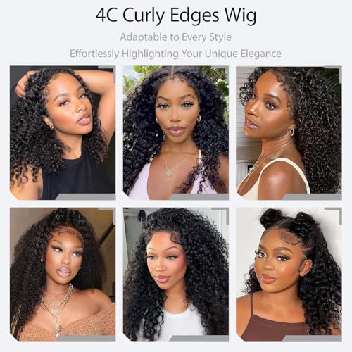 4C Edges Kinky Curly Lace Front Wigs Human Hair 13x4 HD Transparent Lace Frontal Wigs with Curly Edges Baby Hair 200% Density Deep Wave Curly Wig Pre-Plucked Hairline (18Inch Natural Black)