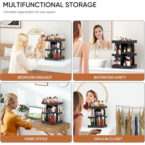 360 Rotating Makeup Organizer - Black Acrylic Makeup Storage for Vanity, Cosmetic Organizer with Lotion and Perfume Holder for Dresser