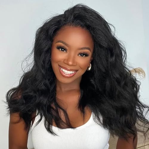 BGM GIRL 9x6 M Cap Glueless Kinky Straight Wig Human Hair Pre Bleached Knots Pre Cut HD Lace 180% Density Natural Black Wear Go Wig for Women Pre Plucked Invisible Lace 18 Inch