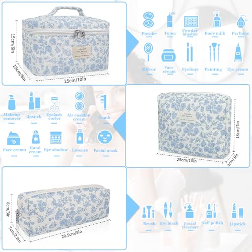 Makeup Bag, Large Quilted Cosmetic Bag, Big Floral Make Up Bag for Women Girls, Cute Cotton Makeup Bag Set, Flower Travel Toiletry Organizer Bag (Blue Flower)