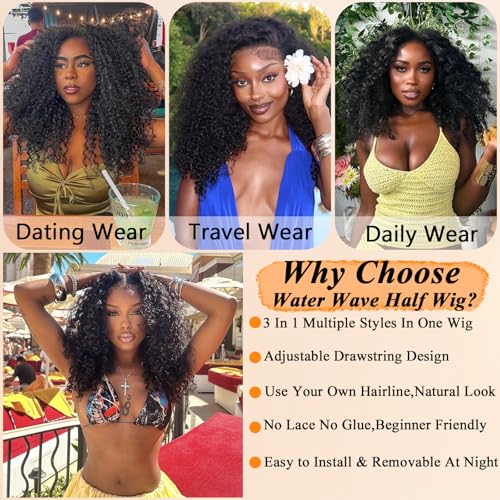 Half Wig Human Hair Water Wave Half Wig 3 In 1 Glueless Wigs Seamless Flip Over with Drawstring Curly Half Wig Human Hair for Women Invisible Hairline Wear Go Beginner Friendly Natural Black 24 Inch