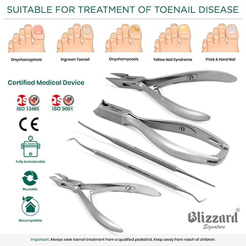 Podiatry Tool Kit by Blizzard ? 5 Piece Set with Concave Arrow and Flame Toenail Nippers, Blacks File and Probe - German Forged Instruments - Hospital Grade