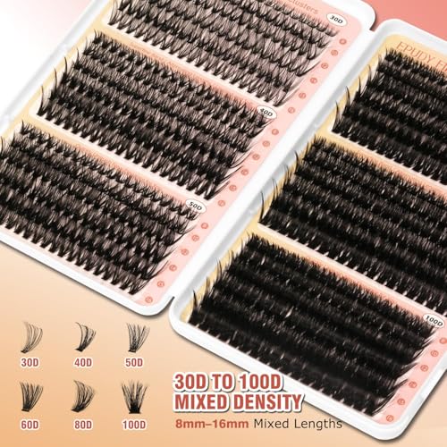 Volume Lash Clusters Kit 30-100D DIY Eyelash Extension 708pcs Thick Individual Lashes 8-16mm with Lash Bond and Seal, Tweezers, Brush, Super Thin Band False Eyelashes EPUDY FIHSALA
