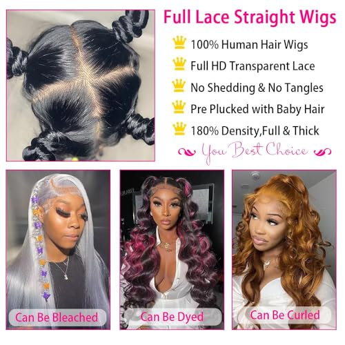 Straight Full Lace Wigs Human Hair 100% Hand-tied Full Scalp Lace Wigs for Black Women 180% Density(16inch, Natural Black)
