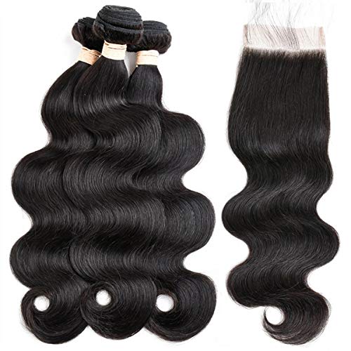 Brazilian Body Wave Virgin Human Hair Bundles with Closure (22 24 26 with 20 closure) Unprocessed Bundles with Lace Closure Body Wave Hair with Closure 4X4 Lace Free Part Natural Black Hair