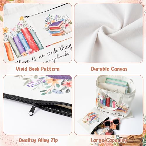 Y1tvei Aesthetic Canvas Tote Bag - 2Pcs Colorful Reading Canvas Cosmetic Bag Set There Is No Such Thing As Too Many Books Tote Bag Makeup Reusable Grocery Bags Black to School Gift for Women Girls