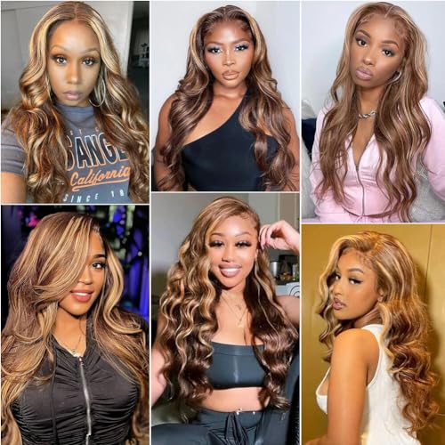 Human Hair Wig 30 Inch 13x4 Ombre Body Wave Lace Front Wigs Human Hair Honey Blonde Wig Pre Plucked with Baby Hair 200 Density 4/27 Highlight Glueless Human Hair Wigs for Black Women
