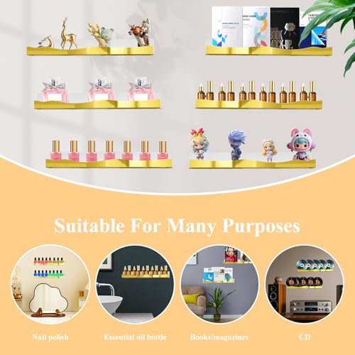 6 Pack Wall Mounted Acrylic Nail Polish Organizer Rack 15 Inch Gold Mirror Nail Polish Shelf with Removable Ends Multi-Purpose Shelf for Essential Oils Cosmetics Storage Display for Salon Bathroom