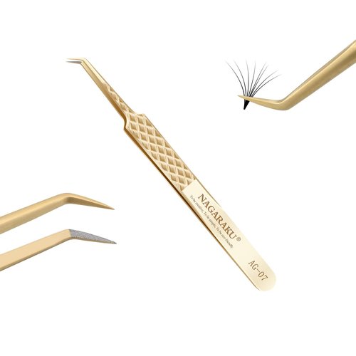 NAGARAKU Precision Fiber Tip Tweezer for Eyelash Extensions Diamond Grip Anti-Static Anti-Slip Premium Gold Stainless Steel Curved Volume Eyelashes Tweezers Supplies with Box(45 Degree Tweezer AG-07)
