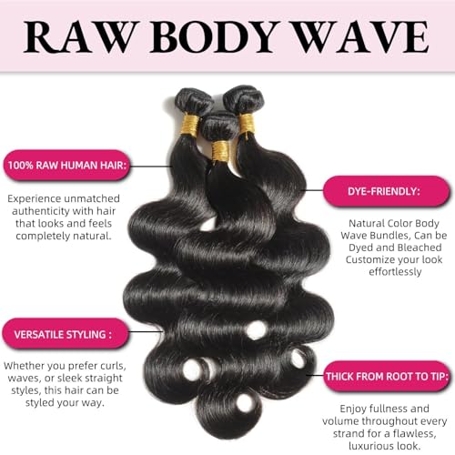 12A Human Hair Bundles Body Wave Bundles Human Hair 12 14 16 Inch 100% Unprocessed Brazilian Virgin Raw Weave 3 Bundles Real Natural Black Wavy Human Hair Extensions