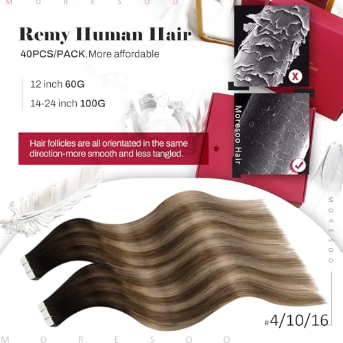Moresoo Tape in Hair Extensions Brown Human Hair Tape in Extensions Balayage Brown and Blonde Long Thick Glue in Extensions Straight Silky Human Hair 40Pcs 100g 24 Inch
