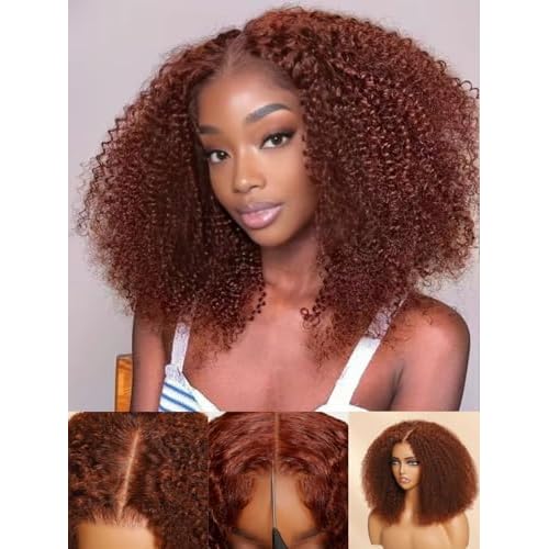 Nadula Bye Bye Knots Glueless Reddish Brown Kinky Curly Wig Human Hair Pre Plucked 200% Density,Pre Cut 7x5 HD Lace Front Afro Kinky Wigs Bleached Knots Pre Everything Ready to Go Copper Red 16inch
