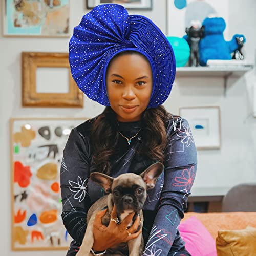 African Head Wrap Already Made Auto Gele Headties Women's Turban Hats&Caps Beading Wedding Nigerian Fashion Headbands (Royal Blue)