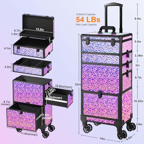 Rolling Makeup Case with Large Drawer, Makeup Train Case with Tray, Cosmetology Case on Wheels, Travel Makeup Case Organizers, Professional for Salon Barber, Nail, Tattoo, Multicolor Purple