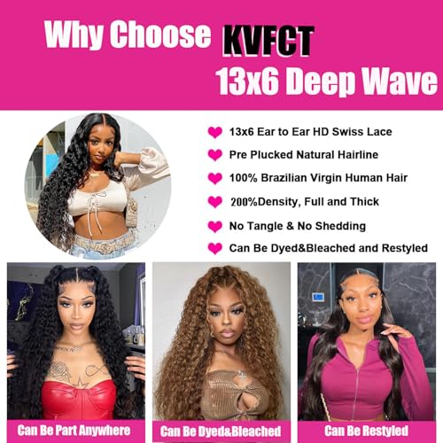 30 Inch Deep Wave Lace Front Wigs Human Hair 13x6 HD Transparent Deep Wave Lace Front Wigs for Women 200% Density Curly Lace Front Wig Pre Plcked Deep Wave Wigs with Baby Hair