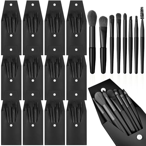 Tioncy 12 Sets Travel Makeup Brush Set Bulk Brushes Bag Bridesmaid Gift Synthetic Fibre Face Make up Brushes Angled Blush Brush for Wedding Bridal Shower Favors Bachelorette Party Gift(Black)