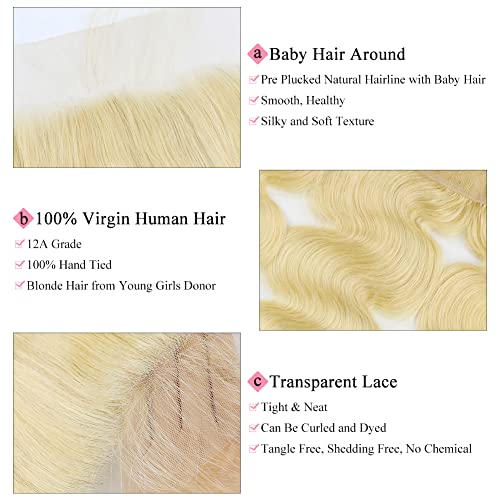 613 Frontal 13x4 Transparent HD Lace Frontal Closure Ear To Ear Body Wave Blonde 12A 100% Russian Platinum Blonde Virgin Remy Human Hair for Women #613 16 Inch