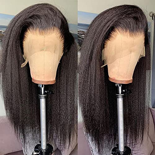 GOLFMAX 28 Inch 13x4 Lace Front Kinky Straight Wigs For Black Women Human Hair Glueless Lace Front Wigs Human Hair Pre Plucked Coarse Yaki Straight Natural Black Wig