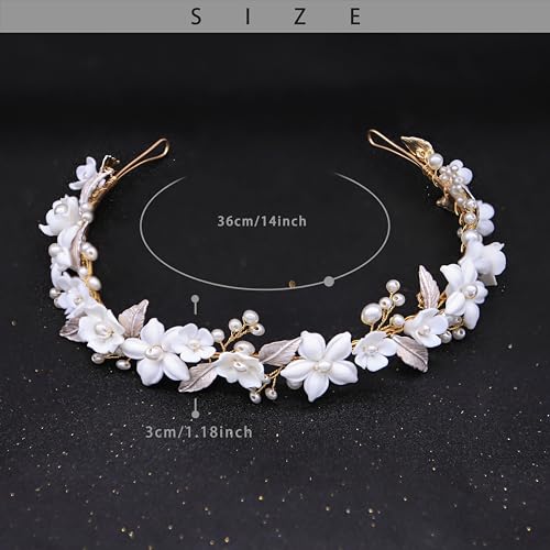 Oriamour Wedding Headbands With Ceramic Flowers Bridal Wedding Headpieces For Women Girls Pearls Headband With Leaves Desgin (Gold)