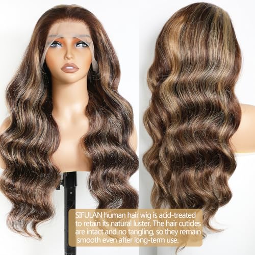 SIFULAN Highlight Ombre 13x4 Lace Front Wig Human Hair 180% Density 4/27 Highlight Wigs Human Hair 32 inch Glueless Wig Honey Blonde Body Wave HD Transparent Lace Front Wig Highlight Colored Wigs
