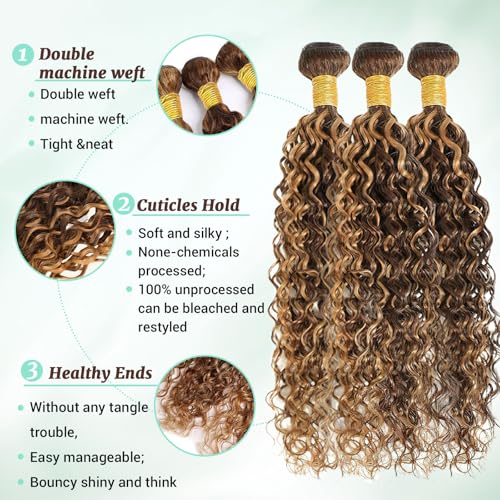 P4/27 Water Wave Bundles Human Hair 20 22 24 Inch Brown and Honey Blonde Highlight Wet and Wavy Human Hair Bundles 100% Unprocessed Brazilian Virgin Weave 3 Bundles Human Hair Extensions for Women