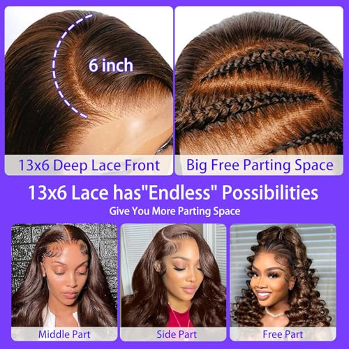A8 Chocolate Brown Human Hair Wig 200 Density 13X6 Body Wave Lace Front Wigs Human Hair HD Frontal Wigs Pre Plucked Glueless Brown Lace Front Wig for Women 26 Inch