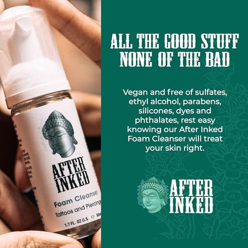 After Inked Tattoo & Piercing Aftercare Foam Cleanser - Quality Wash Soap Cleanser for Tattoos, Body Modifications and Piercings including Ear, Nose and Belly Button Foam Bottle, 1.7 oz