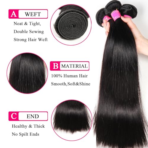 26 28 30 Inch Human Hair Bundles Straight 100% Unprocessed Brazilian Virgin Hair Weave 3 Bundles Silky Black Hair for Black Women