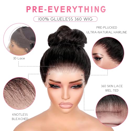 360 HD Lace Water Wave Wig Human Hair ? Hidden Strap Glueless Wig for Women, Pre Plucked Natural Hairline, Bleached Knots, Beginner Friendly, Invisible Secure Fit, 250% Density, Natural Black