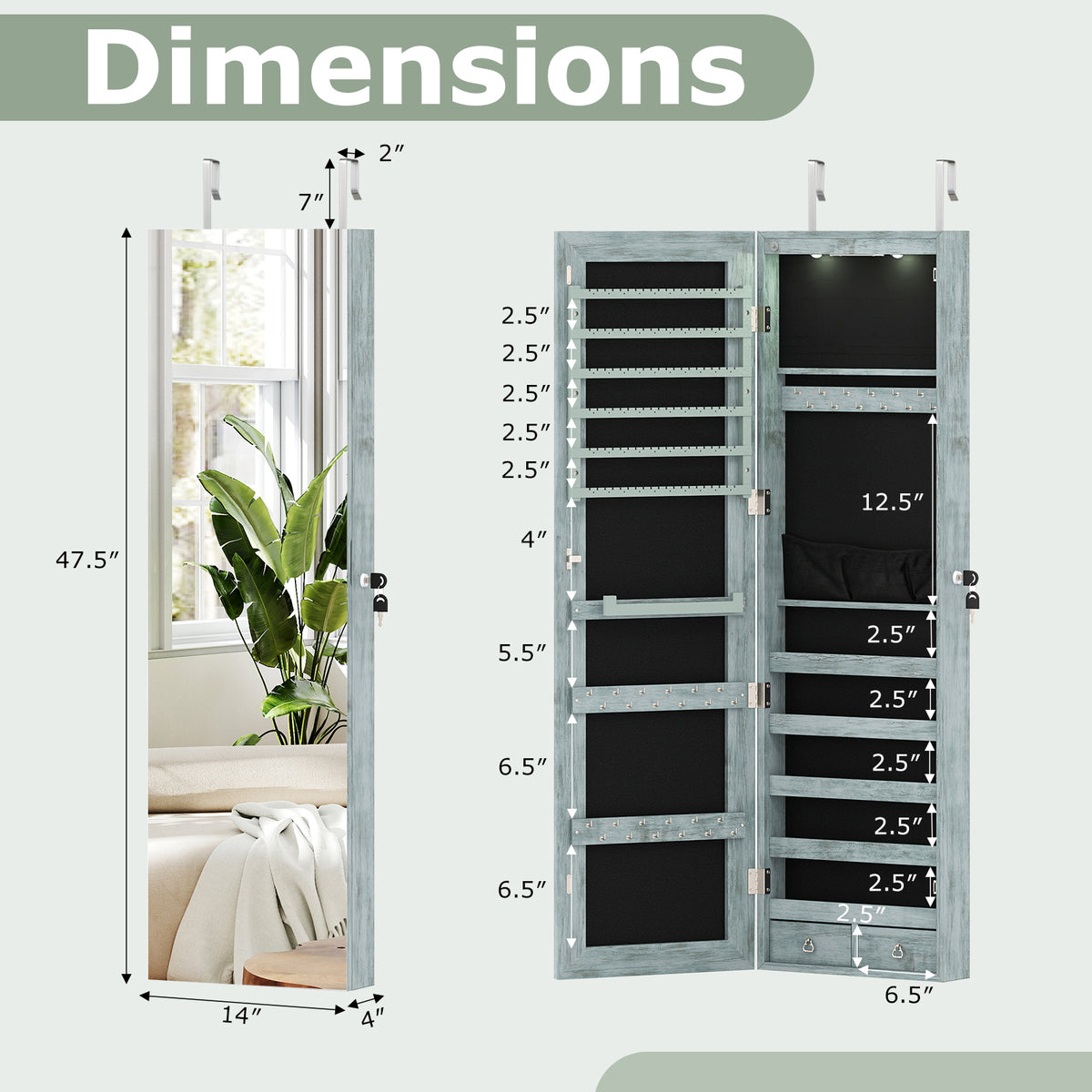 Wall-Mounted Mirrored Jewelry Armoire with LED Lights - Navy