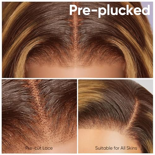 Ombre Lace Front Wig Human Hair Body Wave 6x5 Glueless Wigs Human Hair Pre Plucked 200% Density Wear and Go Highlight Wig Human Hair Bob for Women(16 Inch)