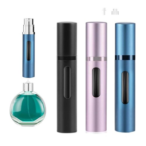 Topblux 3-Pack 10ml Refillable Travel Perfume Atomizer, Leakproof Bottom-Fill Spray Bottle, Compact Reusable Fragrance Dispenser for Women Men Gift (Black+Blue+Pink)