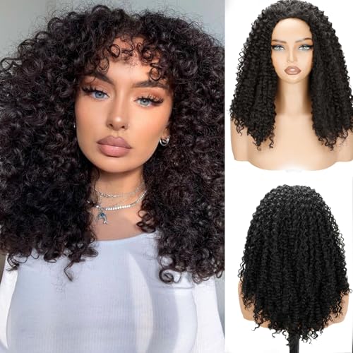 NOSTALGIA Afro Kinky Curly Half Wigs For Black Women 3 In 1 Half Wig Synthetic With Drawstring Afro Curly Glueless Flip Over Wigs Quick Install Beginner Friendly(Naturak Black 2#)