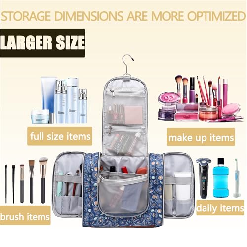 Hanging Toiletry Bag for Women, Travel Makeup with Metal Swivel Hook, Organizer for Full Sized Cosmetics and Toiletries,Water-Resistant Nylon,Paisley Floral