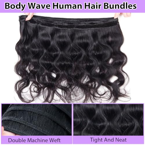 12A Body Wave Bundles Human Hair 28 30 32 Inch Human Hair Bundles 100% Unprocessed Brazilian Virgin Weave 3 Bundles Real Human Hair Double Weft Quick Weave Hair Extensions for Women Natural Black
