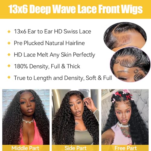 13x6 Deep Wave Lace Front Wigs Human Hair Pre Plucked 32 Inch 180 Density HD Lace Frontal Wigs Human Hair Deep Curly Wig Natural Color