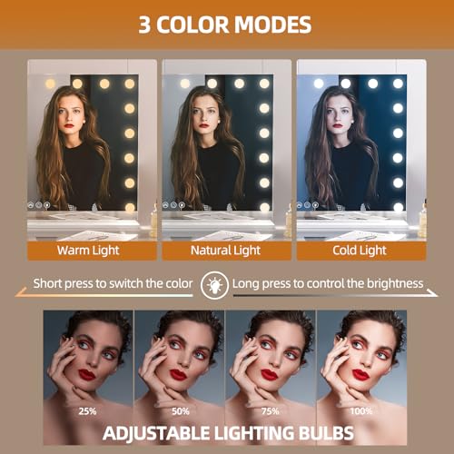 Misavanity Vanity Mirror with RGB Backlight 32¡¯¡¯x23¡¯¡¯ LED Makeup Mirror with 18 Dimmble 3 Color Modes Bulbs Light up Mirror with 10X Magnification and Smart Touch, White